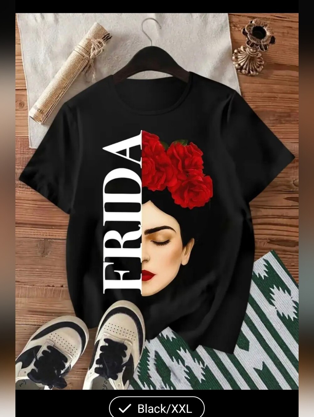 Frida Graphic Black Tee with Red Rose Detail "100% Cotton" New